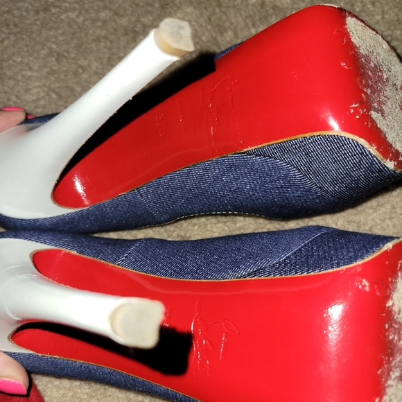 Christian Lou Boutin Peep Toe Denim Heels - Picture 8 of 8
